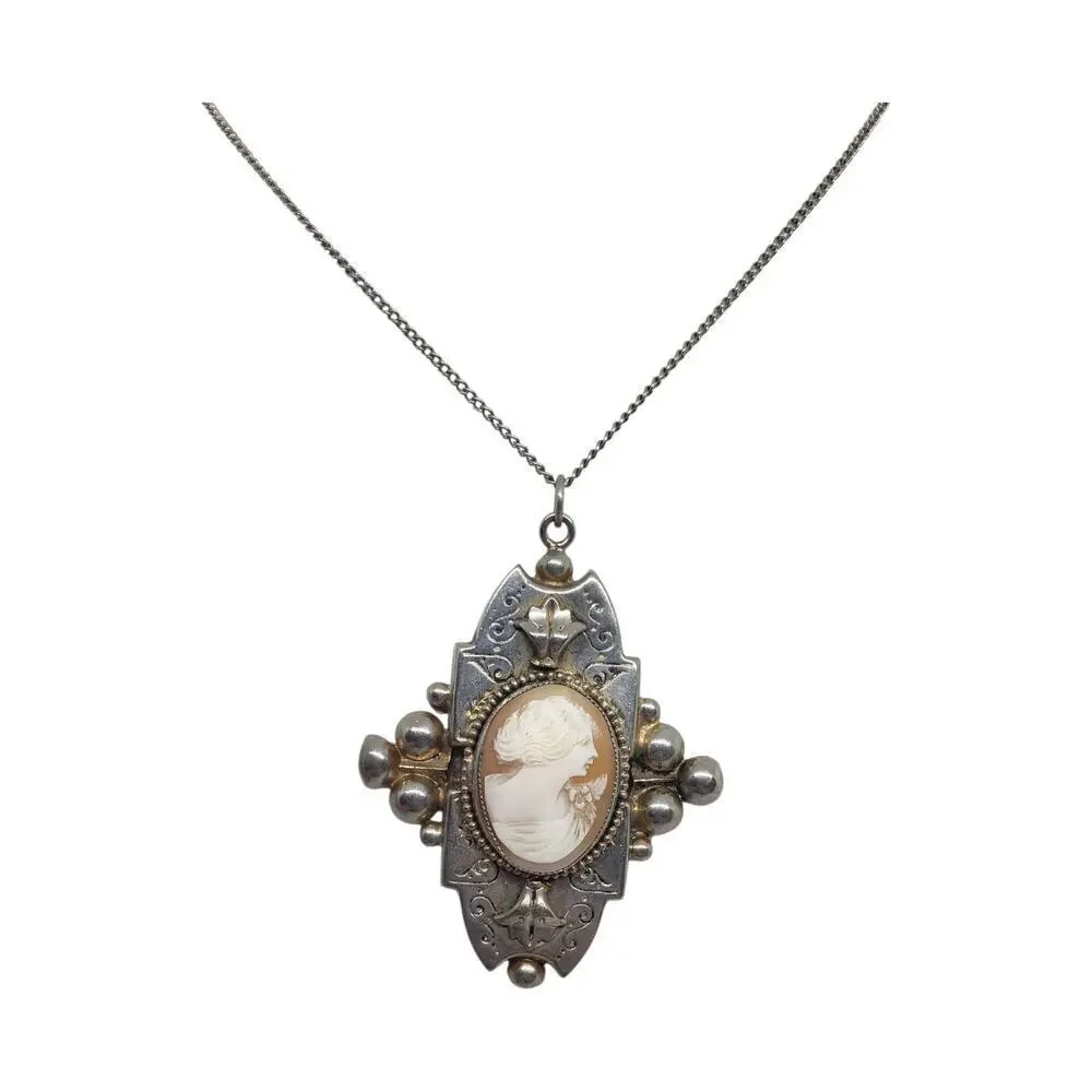 Vintage Cameo Pendant Necklace Silver Tone Ornate Art Deco Intaglio Large
